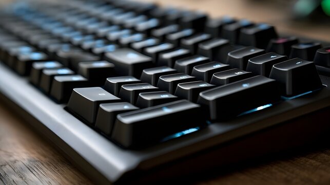 Close up of a black mechanical keyboard with blue backlighting on a wooden surface  showing detailed keycaps and clean design