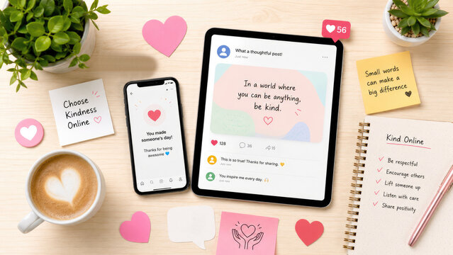Flat lay of a workspace with tablet and phone showing kind social media posts, sticky notes, notebook checklist, coffee and plants promoting online kindness