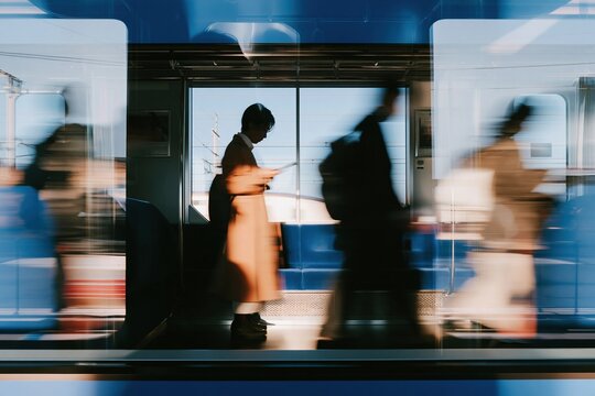 Four blurry readers in a cobalt blue train carriage, featuring smooth movement trails and a cool grey atmosphere for urban lifestyle and conceptual art