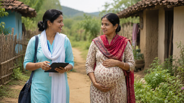 Pregnant woman receiving antenatal counseling from a community health worker during a rural home visit