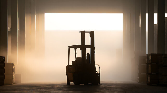 Industrial forklift truck silhouette inside a large warehouse facility with bright sunlight streaming through open gate, cargo storage background