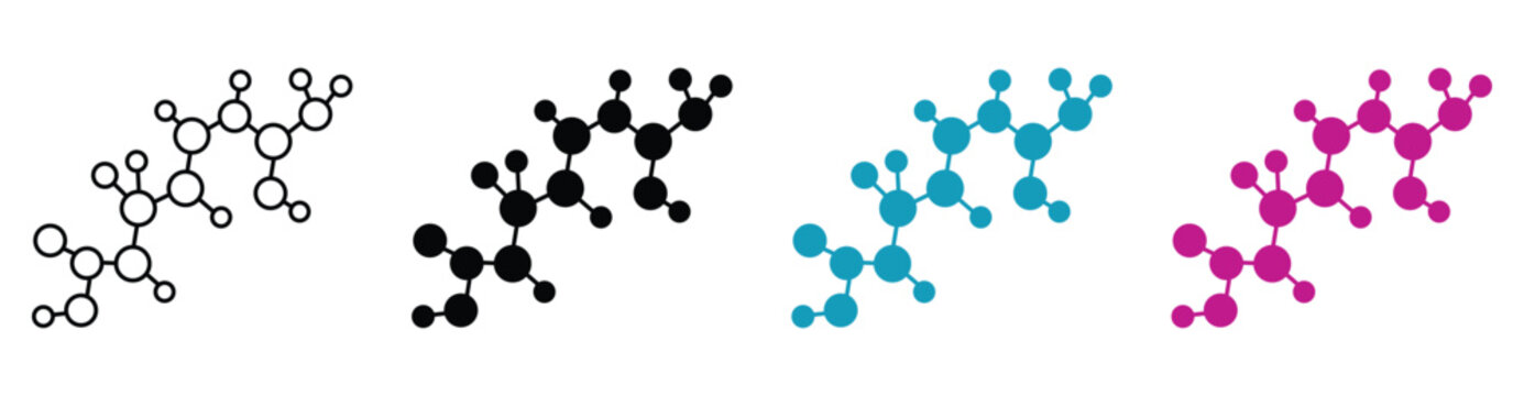 Chemical molecule structure icon set with abstract molecular chain, science technology line art atom models, and biotech pharmaceutical laboratory concepts. Vector illustration and transparent png
