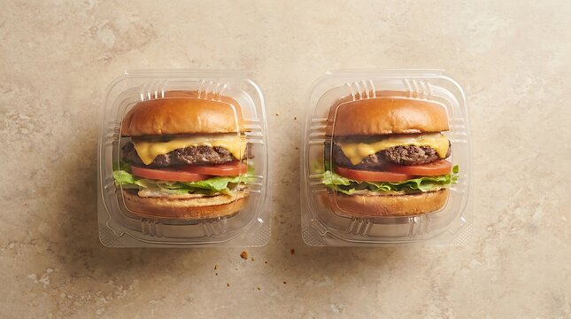 Two delicious beef cheeseburgers with fresh vegetables resting on a rustic wooden table surface top view. clamshell packaging burgers