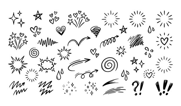 Cute comic manga emotion doodle vector set with hand drawn hearts stars sparkles and movement effects