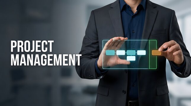 Businessman holding a digital tablet displaying a project management workflow chart in a modern office