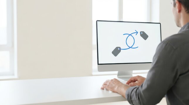 Person viewing price tag exchange arrows on monitor