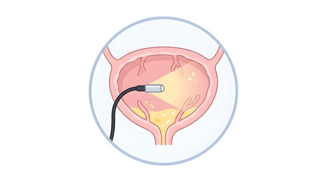Vector illustration of a cystoscopy examination inspecting the inside of a human urinary bladder with an endoscope.
