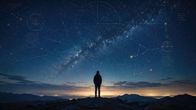 Silhouette of a person watching the Milky Way and constellation diagrams above a mountain horizon at night