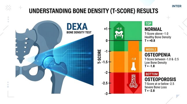 Understanding DEXA bone density test T-score results infographic explaining normal bone, osteopenia, and osteoporosis stages.