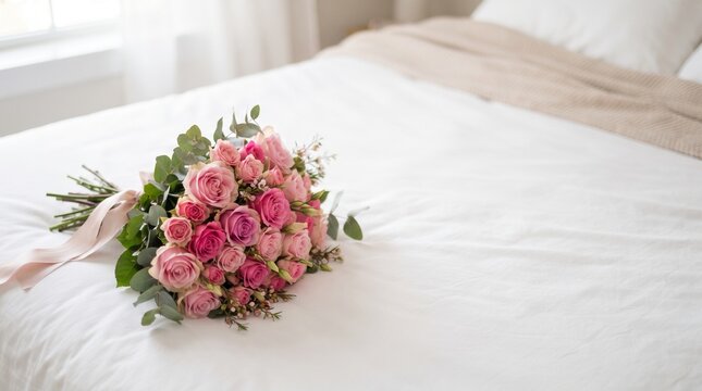 Bridal rose bouquet on white bed linen in a bright bedroom, soft daylight and neutral sheets creating copy space for wedding invitation designs, florist ads, and lifestyle headers.