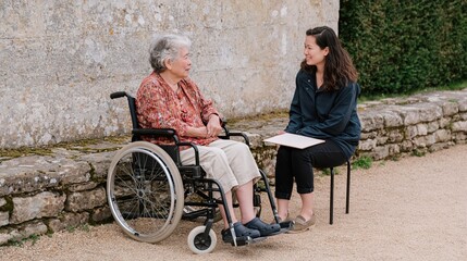 Obraz premium Senior woman in a wheelchair talking with a young adult on a gravel park path, natural and inclusive scene for accessibility and counseling programs