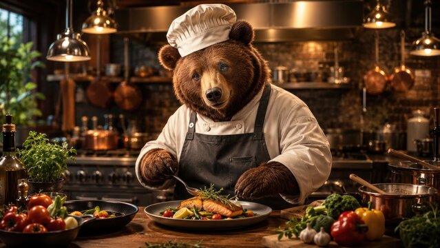 Brown bear chef in full uniform plates grilled salmon and vegetables in a warm, professional rustic kitchen