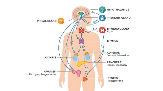Vector diagram of human endocrine system showing major glands and hormones.