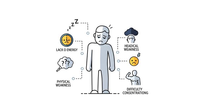 Infographic illustration of fatigue and depression symptoms in a tired person character.