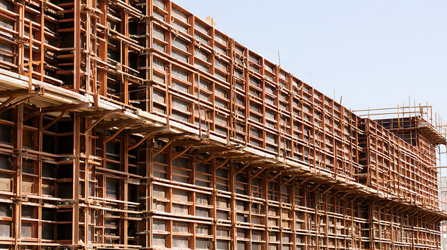 Industrial construction site featuring extensive steel formwork and scaffolding structure for heavy concrete wall installation process now