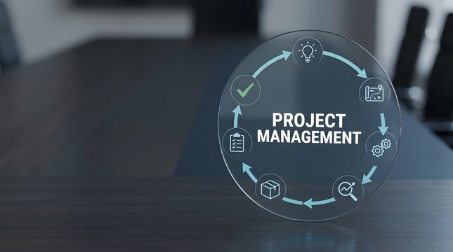 Project management concept displayed as a circular digital graphic over a modern office conference table