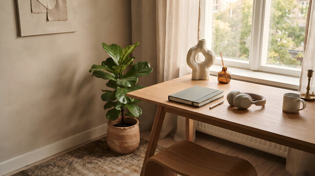 Minimalist Home Office Wooden Desk with Laptop, Headphones, Houseplant, and Window Light