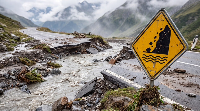 Mountain road destroyed by catastrophic flood and landslide after glacier collapse. Damaged alpine highway with rushing mudflow and yellow warning sign