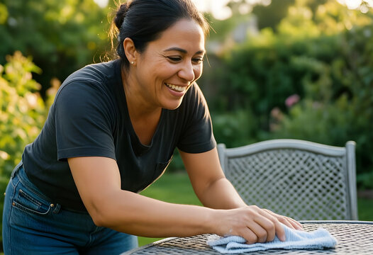Home maintenance and spring cleaning, happy woman wiping outdoor patio furniture in garden with sunlight for lifestyle and household chores improvement