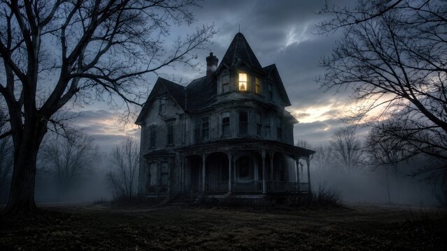 Victorian haunted mansion at dusk with foggy grounds, bare trees, moonlit sky and a single warm lit window casting an eerie glow