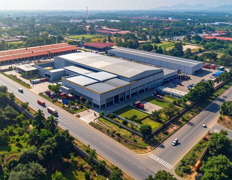 Large Indian semiconductor manufacturing and logistics campus connecting fabrication plants warehouses research centers and transportation infrastructure.