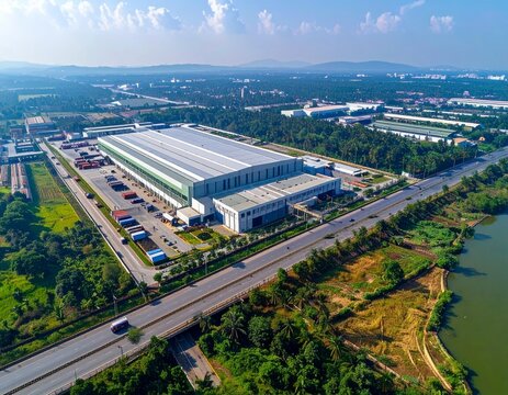 Large Indian semiconductor manufacturing and logistics campus connecting fabrication plants warehouses research centers and transportation infrastructure.