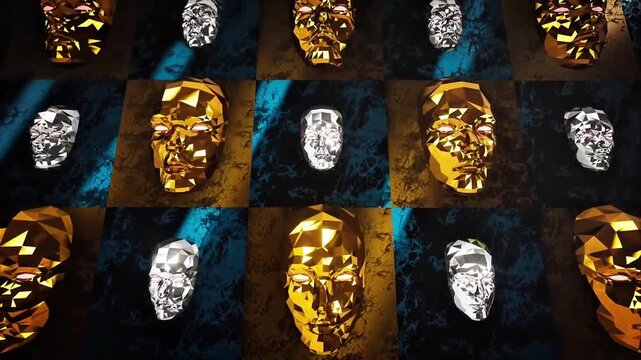 Abstract 3D Render of Low-Poly Gold and Silver Humanoid Masks with Glowing Eyes on a Textured Checkered Background
