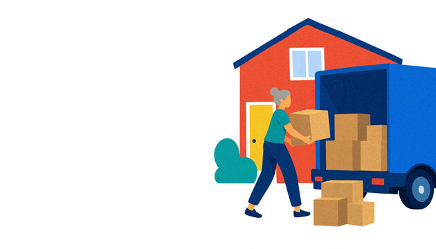Worker carries cardboard boxes toward a blue moving truck parked beside a red house, with ample white copy space for relocation and delivery concepts.