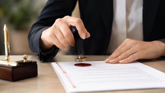 Notary pressing a red wax seal onto a legal document on a desk, signaling official certification and contract authentication