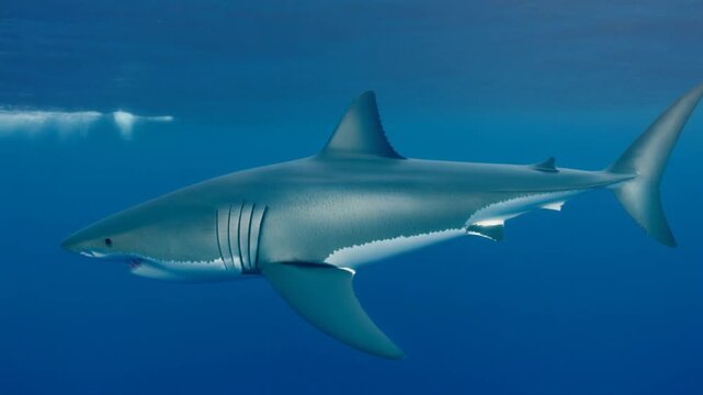 Great white shark swimming in clear blue ocean water with cinematic underwater motion