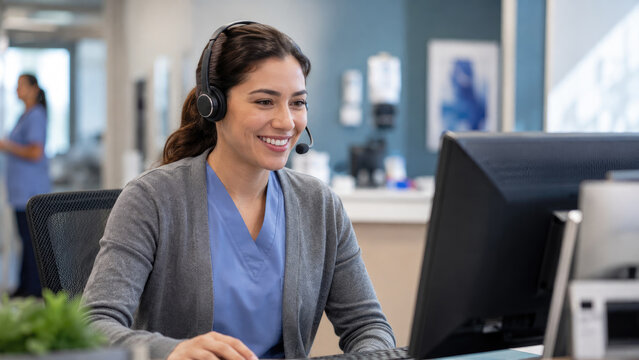 Smiling female healthcare worker in scrubs and headset at a computer in a clinic reception area