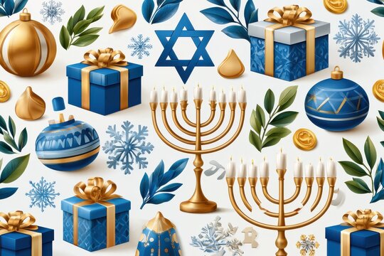 Blue and silver Hanukkah seamless pattern with menorah, gifts, and ornaments on white background