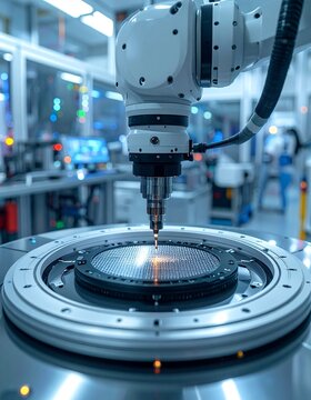 Automated robotic wafer handling system operating sophisticated semiconductor fabrication equipment inside a modern Indian cleanroom.