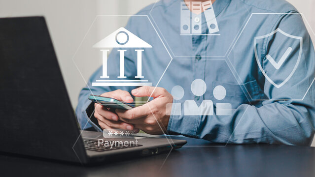 Digital payment security concept, person using a smartphone beside a laptop with banking, shield, payment and governance icons. Represents secure transactions, data protection and fintech.