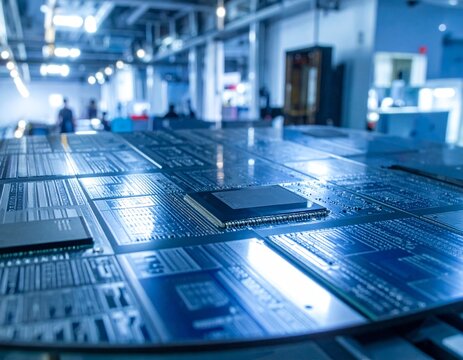 Extreme macro view of advanced semiconductor circuitry patterned across a polished silicon wafer inside an Indian fabrication facility.