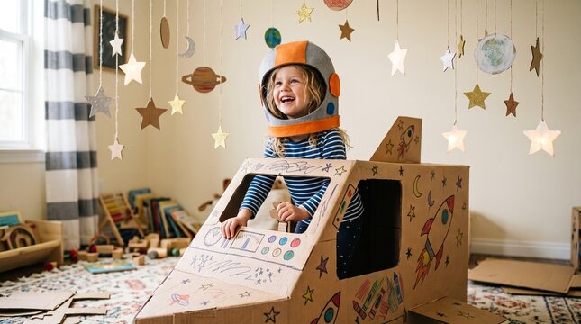 Joyful young child wearing astronaut helmet plays inside a homemade cardboard rocket ship