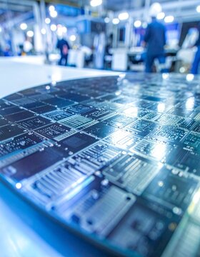 Extreme macro view of advanced semiconductor circuitry patterned across a polished silicon wafer inside an Indian fabrication facility.