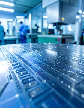 Extreme macro view of advanced semiconductor circuitry patterned across a polished silicon wafer inside an Indian fabrication facility.