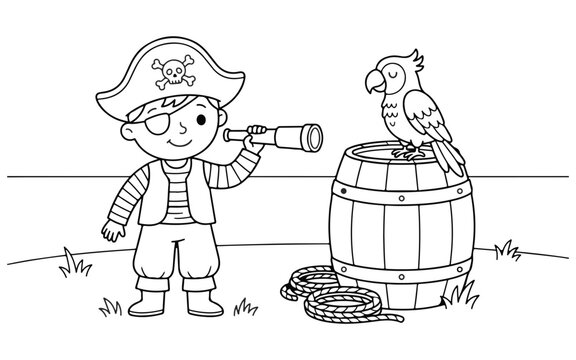 A detailed pirate adventure scene coloring fun with a young buccaneer and his parrot friend