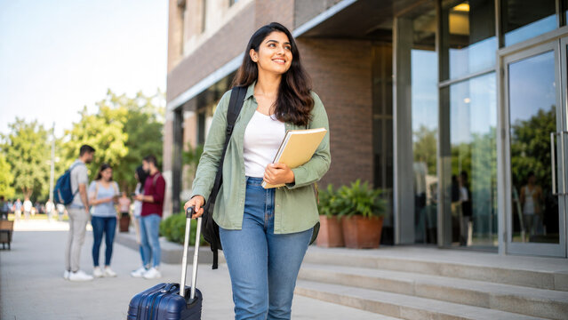 Smiling female student carrying a suitcase and notebooks while walking on a university campus