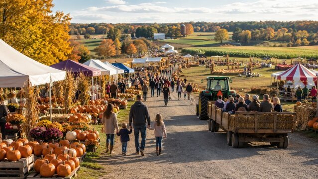 Autumn pumpkin patch festival with families, market tents, pumpkins, hayride tractor and colorful fall foliage