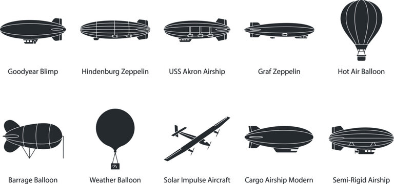 Airship and Balloon Icon Set | Goodyear Blimp, Hindenburg, Zeppelin, Hot Air Balloon | Aerostat Aircraft Vector Silhouette
