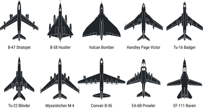 Cold War Bomber Aircraft Icon Set | B-47 Stratojet, B-58 Hustler, Vulcan, Tu-16, Tu-22, B-36 | Strategic Bomber Vector Silhouette