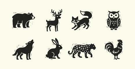 Naklejka premium Vintage Linocut Animal Silhouette Icon Set