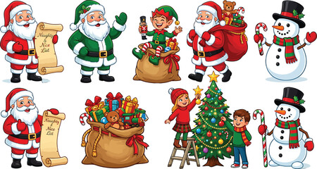 Fototapeta premium Set of cute Christmas characters including Santa Claus, elves, snowmen, and children decorating a tree vector illustration