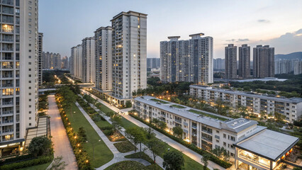 Fototapeta premium Aerial view of modern urban residential area with high rise buildings and green spaces at dusk