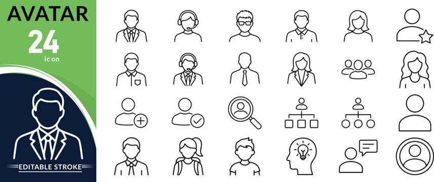  Set of user profile and business avatar line icons representing people, roles, and team concepts on transparent background