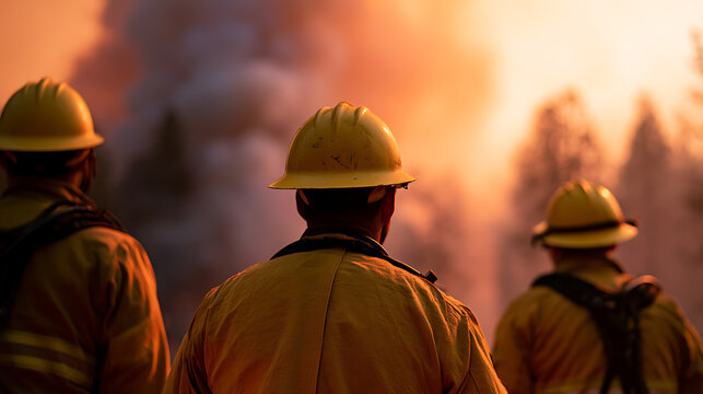 Brave firefighters in yellow protective gear and hard hats stand together, looking toward a massive forest wildfire and heavy smoke