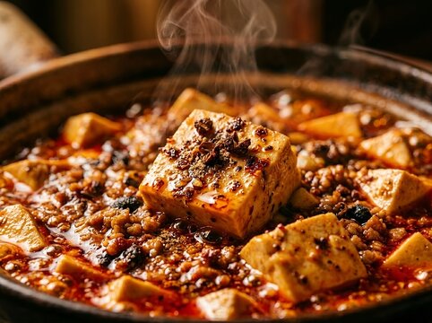 Authentic Chinese Mapo Tofu. For Chinese food, Asian cuisine, restaurant menus, food delivery, Sichuan cuisine, Asian comfort food