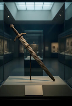 History and heritage, ancient medieval sword displayed in a museum glass case for historical exhibition and cultural education on human civilization